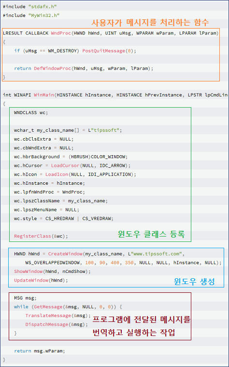 팁스소프트 > MFC/API 가이드 > [Win32] Win32 프로그래밍의 시작 - Step 2